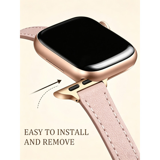 Glealx Slim Leather Band for Apple Watch, Slim Full-Grain Cowhide Strap with Rose Gold Buckle